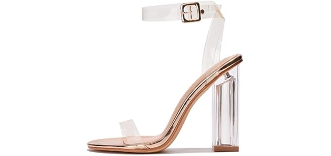 Cape Robbin Maria-2 Clear Chunky Block High Heels for Women, Transparent Strappy Open Toe Shoes Heels for Women - Rose Gold Size 9