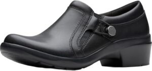 Clarks Women's Angie Holly Casual Shoes, Black Leather, 8 Wide | Soft Leather Construction, Foam Cushioned Footbed, Easy Hook-and-Loop Fit, Lightweight EVA Sole