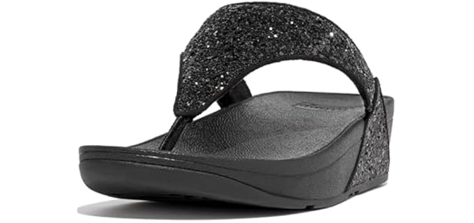 FitFlop Women's LULU Glitter Toe-Post Sandal, Black Glitter, 10