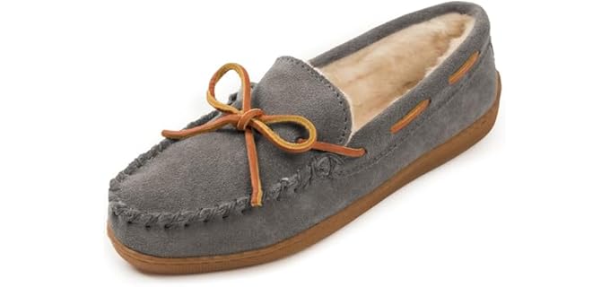 Minnetonka Women's Pile Lined Hardsole Moccasin Slippers, Charcoal, 8 M US