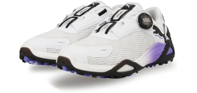Puma WMNS Disc Women's Shadow Cat Nitro Spikeless Golf Shoes, Puma White/Puma Black/Dark Amethyst, 23.0 cm