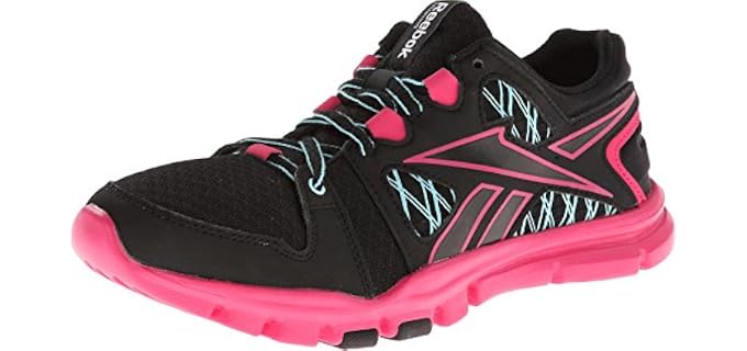 Reebok Women's Yourflex Trainette RS 4.0 Cross-Training Shoe,Black/Pink Fusion/Hydro Blue/White,7.5 M US