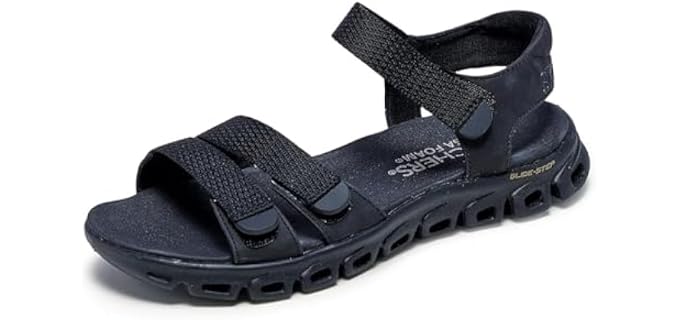 Skechers Women's GLIDE-STEP - COUNT ON ME, Adjustable Double Strap Slingback Sandal, Black/Black, 7M