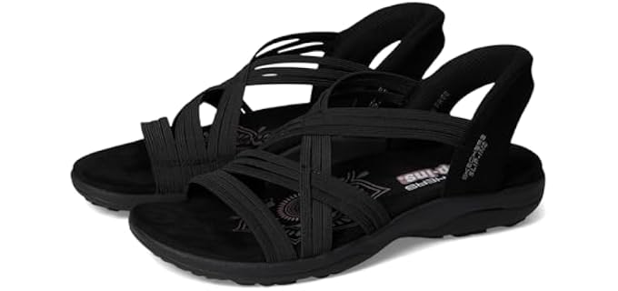 Skechers Women's REGGAE SLIM - SIMPLY STRETCHY! Hands Free Slip-Ins, Open toe strappy sandal,Black/Black, 10M