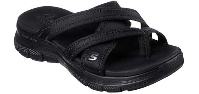 Skechers Cali Women's FLEX APPEAL 4.0 - STARTUP 3.0 Toe Loop Sport Slide, Black/Black, 6M