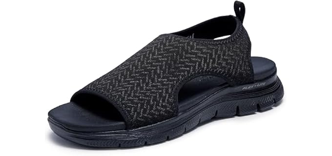 Skechers Women's FLEX APPEAL 4.0 - LIVIN' IN THIS sport sandal, Black/Black 8 M