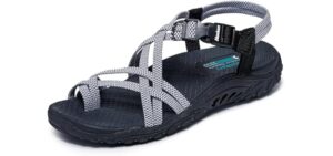 Skechers womens REGGAE - IRIE MON -Multi strap toe thong sandal, Black/White, 8