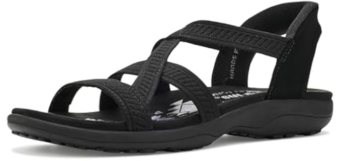 Skechers Women's REGGAE SLIM - DAILY VIBE Hands Free Slip-Ins, Knit crossover strappy sandal, Black/Black, 8.5M