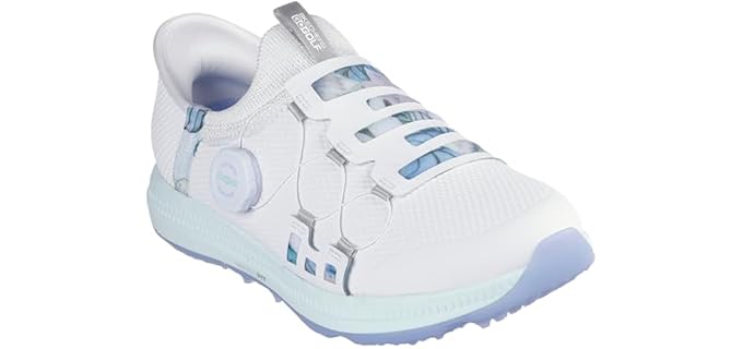 Skechers Women's Go Golf Elite 5 Arch Fit Waterproof Slip in, White/Multi, 7