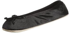 isotoner Women's Satin Ballerina Slipper with Bow, Suede Sole, Black Large / 8-9 US