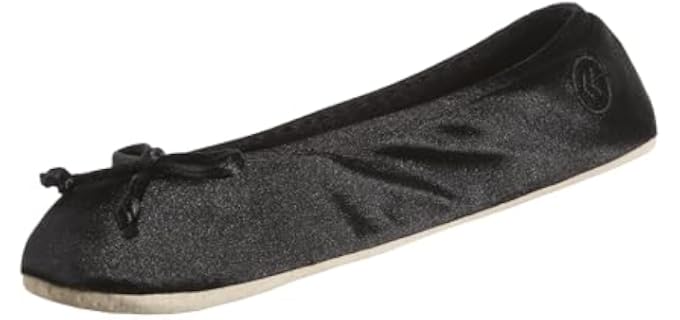 isotoner Women's Satin Ballerina Slipper with Bow, Suede Sole, Black Large / 8-9 US